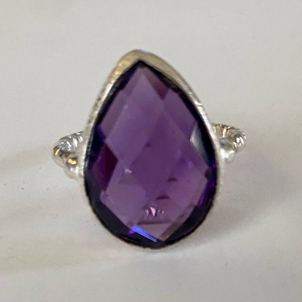 Amethyst-Colored Teardrop Silver Statement Ring​